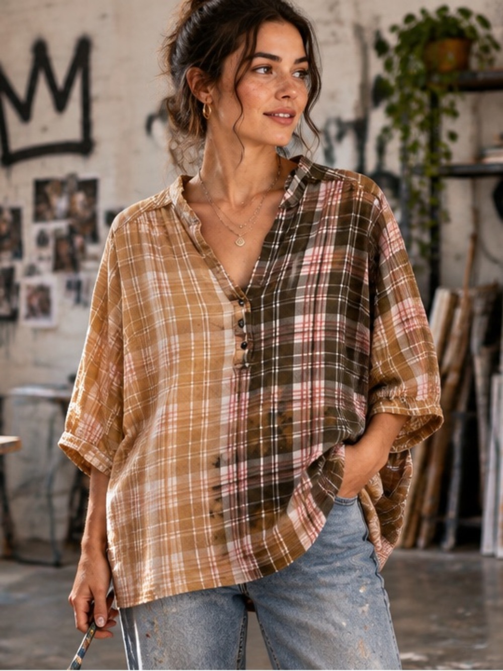 Bleach dipped  plaid top with tie up 3/4 length sleeves.